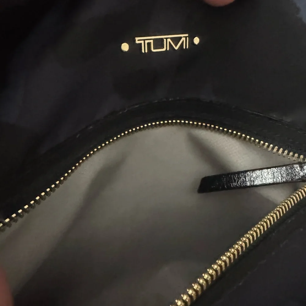 TUMI Backpack Black Camo Nylon Gold Hardware Blue Purple Accents GUC